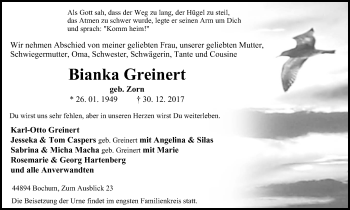 Traueranzeige von Bianka Greinert von Stadtspiegel Bochum