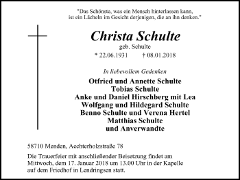 Traueranzeige von Christa Schulte von Stadtspiegel Menden + Froendenberg