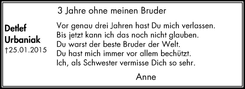  Traueranzeige für Detlef Urbaniak vom 24.01.2018 aus Wochenblatt Herne/Wanne-Eickel