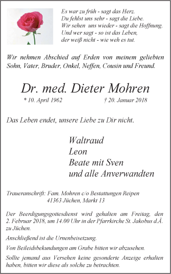 Traueranzeige von Dieter Mohren von Wochen-Anzeiger Langenfeld/Monheim/Hilden