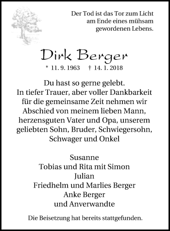 Traueranzeige von Dirk Berger von Wochen-Anzeiger Oberhausen