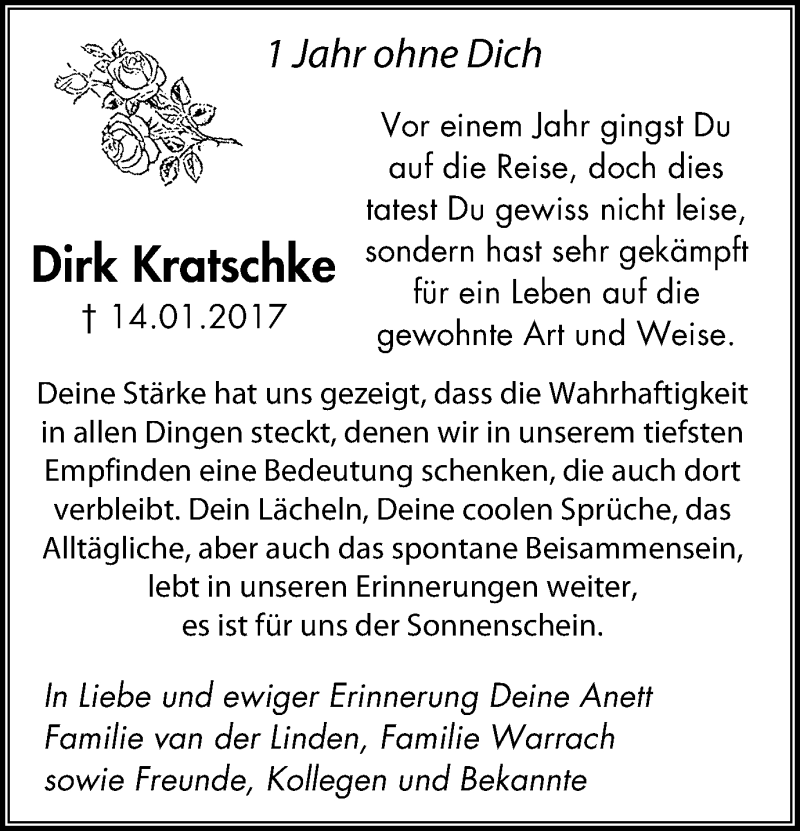  Traueranzeige für Dirk Kratschke vom 13.01.2018 aus Klever + Gocher Wochenblatt