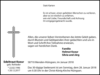 Traueranzeige von Edeltraut Kozur von Stadtspiegel Menden + Froendenberg