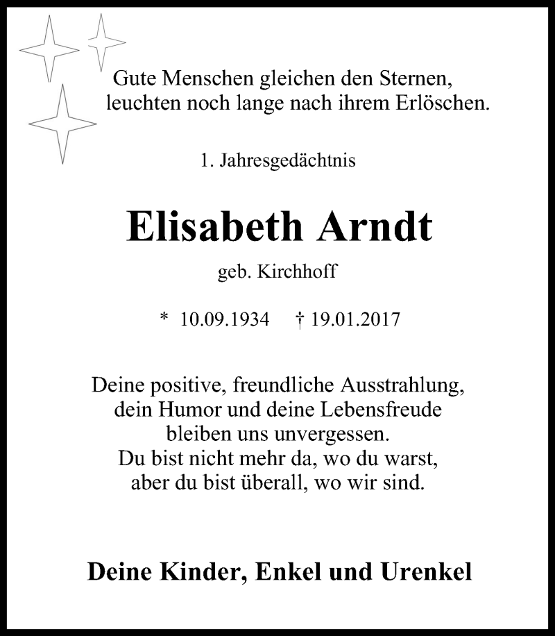  Traueranzeige für Elisabeth Arndt vom 20.01.2018 aus Stadtspiegel Hattingen/Niedersprockhövel