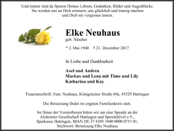 Traueranzeige von Elke Neuhaus von Stadtspiegel Hattingen/Niedersprockhövel