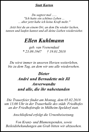 Traueranzeige von Ellen Kuhlmann von Mülheimer Woche