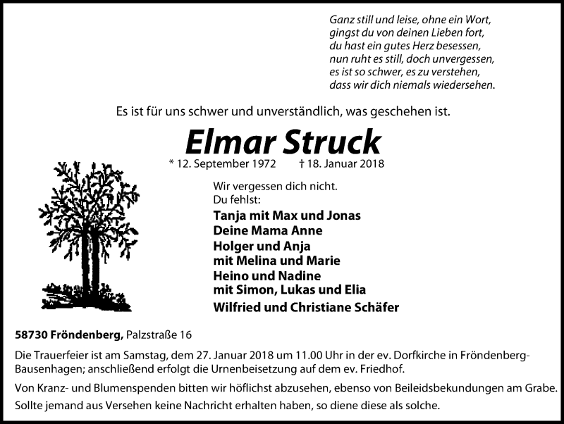  Traueranzeige für Elmar Struck vom 24.01.2018 aus Stadtspiegel Menden + Froendenberg