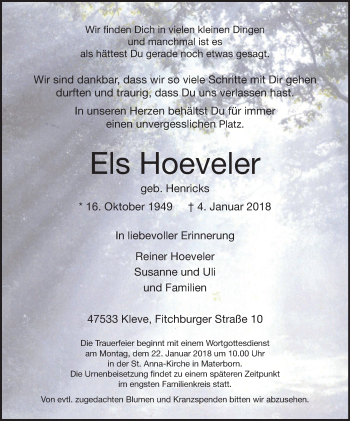Traueranzeige von Els Hoeveler von Klever Wochenblatt