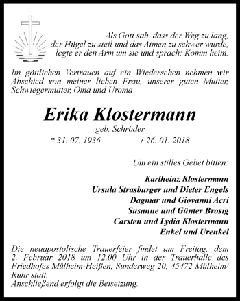 Traueranzeige von Erika Klostermann von Mülheimer Woche