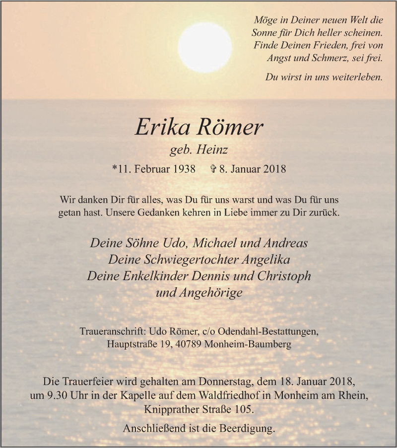  Traueranzeige für Erika Römer vom 13.01.2018 aus Wochen-Anzeiger Langenfeld/Monheim/Hilden