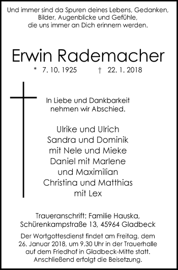 Traueranzeige von Erwin Rademacher von Stadtspiegel Gladbeck