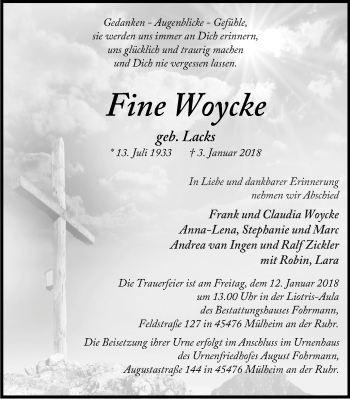 Traueranzeige von Fine Woycke von Mülheimer Woche
