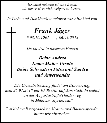 Traueranzeige von Frank Jäger von Mülheimer Woche
