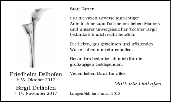 Traueranzeige von Friedhelm und Birgit Delhofen von Wochen-Anzeiger Langenfeld/Monheim/Hilden