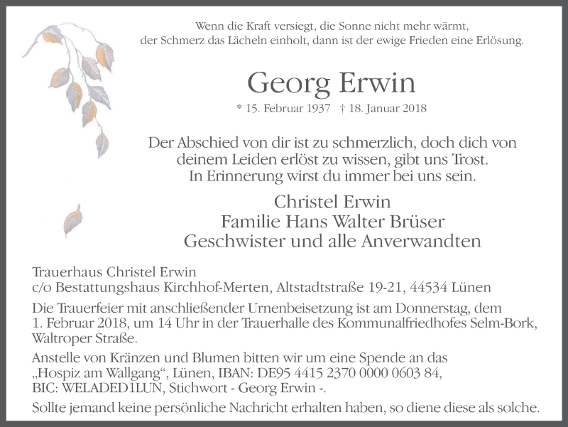  Traueranzeige für Georg Erwin vom 31.01.2018 aus Lüner Anzeiger