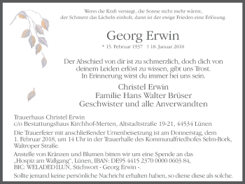 Traueranzeige von Georg Erwin von Lüner Anzeiger