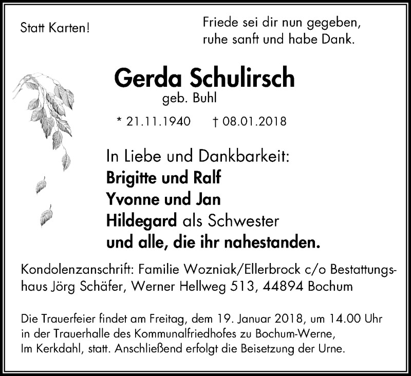 Traueranzeige für Gerda Schulirsch vom 13.01.2018 aus Stadtspiegel Bochum