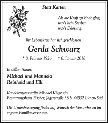 Traueranzeige von Gerda Schwarz von Lüner Anzeiger