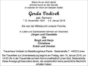 Traueranzeige von Gerda Vodisek von Lüner Anzeiger