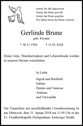 Traueranzeige von Gerlinde Brune von Stadtanzeiger Velbert + Heiligenhaus