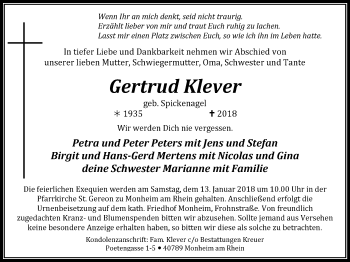 Traueranzeige von Gertrud Klever von Wochen-Anzeiger Langenfeld/Monheim/Hilden