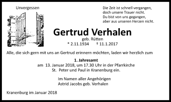 Traueranzeige von Gertrud Verhalen von Klever + Gocher Wochenblatt