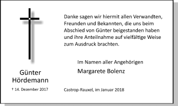 Traueranzeige von Günter Hördemann von Stadtanz.Castrop-Rauxel