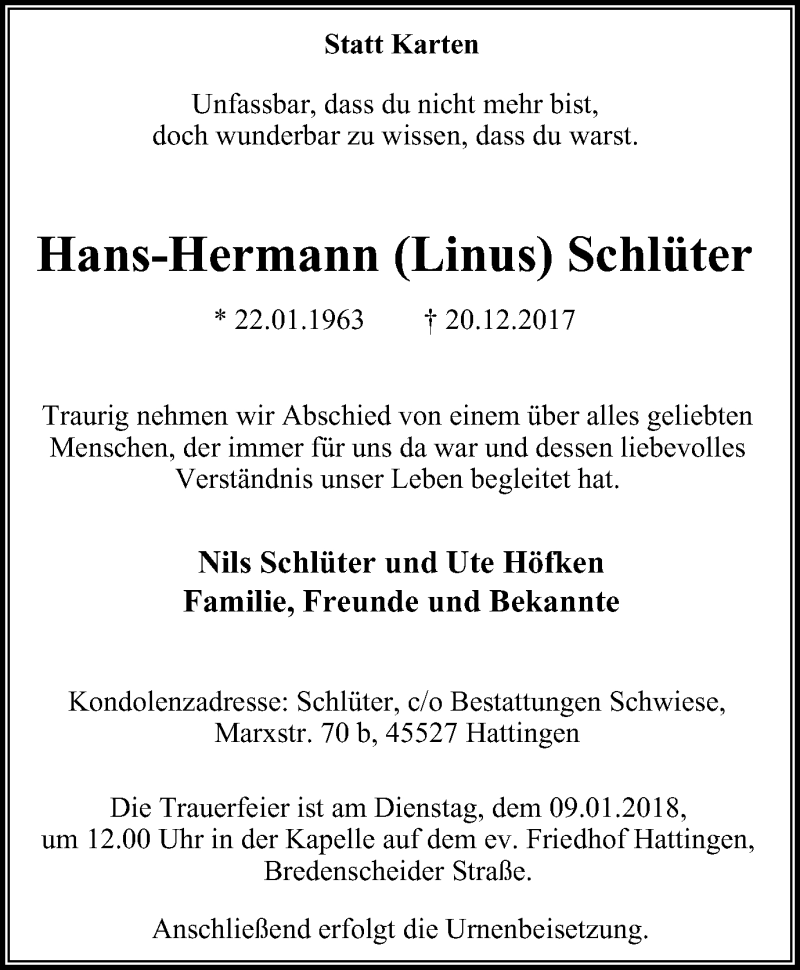  Traueranzeige für Hans-Hermann  Schlüter vom 06.01.2018 aus Stadtspiegel Hattingen/Niedersprockhövel
