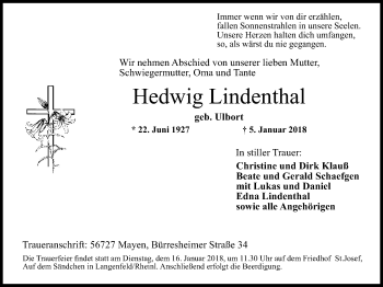 Traueranzeige von Hedwig Lindenthal von Wochen-Anzeiger Langenfeld/Monheim/Hilden