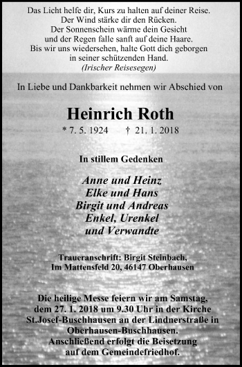 Traueranzeige von Heinrich Roth von Wochen-Anzeiger Oberhausen