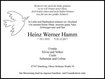 Traueranzeige von Heinz Werner Hamm von Wochen-Anzeiger Duisburg