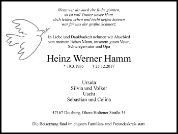Traueranzeige von Heinz Werner Hamm von Stadtanzeiger Emmerich/Rees/Isselburg