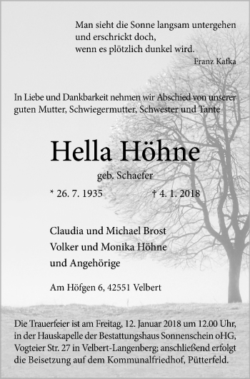 Traueranzeige von Hella Höhne von Stadtanzeiger Velbert + Heiligenhaus