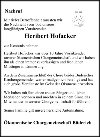 Traueranzeige von Heribert Hofacker von Der Weseler + Der Xantener