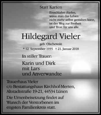 Traueranzeige von Hildegard Vieler von Lüner Anzeiger