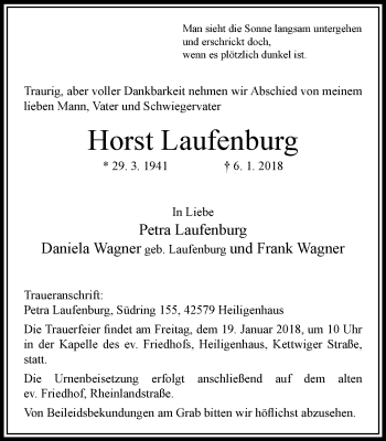 Traueranzeige von Horst Laufenburg von Stadtanzeiger Velbert + Heiligenhaus