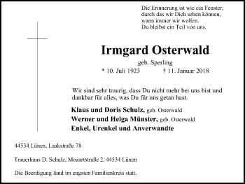 Traueranzeige von Irmgard Osterwald von Lüner Anzeiger