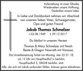 Traueranzeige von Jakob Thomas Schmelzer von Stadtspiegel Menden+Fröndenberg+Iserlohn/Hemer