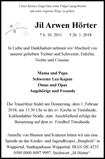 Traueranzeige von Jil Arwen Hörter von Stadtanzeiger Velbert + Heiligenhaus