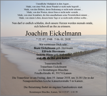 Traueranzeige von Joachim Eickelmann von Stadtspiegel Kamen + Unna