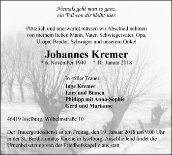 Traueranzeige von Johannes Kremer von Stadtanzeiger Emmerich/Rees/Isselburg