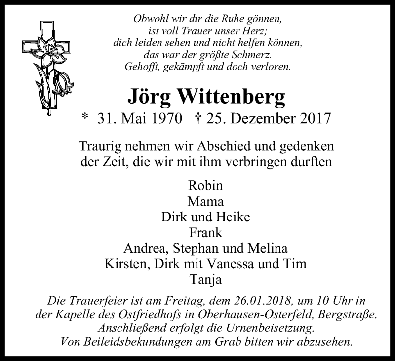  Traueranzeige für Jörg Wittenberg vom 20.01.2018 aus Wochen-Anzeiger Oberhausen