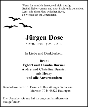 Traueranzeige von Jürgen Dose von Stadtspiegel Hattingen/Niedersprockhövel