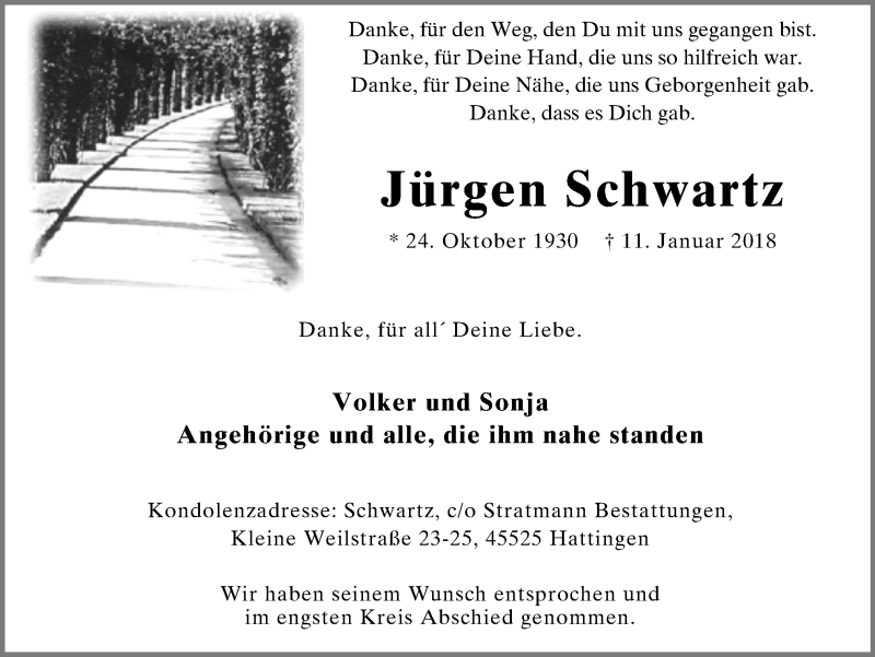  Traueranzeige für Jürgen Schwartz vom 27.01.2018 aus Stadtspiegel Hattingen/Niedersprockhövel