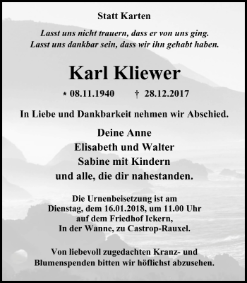 Traueranzeige von Karl Kliewer von Stadtanz.Castrop-Rauxel