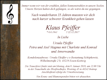 Traueranzeige von Klaus Pfeiffer von Stadtspiegel Bottrop