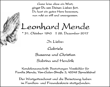 Traueranzeige von Leonhard Mende von Stadtspiegel Hattingen/Niedersprockhövel
