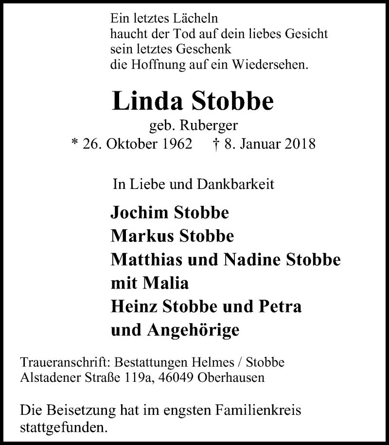  Traueranzeige für Linda Stobbe vom 13.01.2018 aus Wochen-Anzeiger Oberhausen