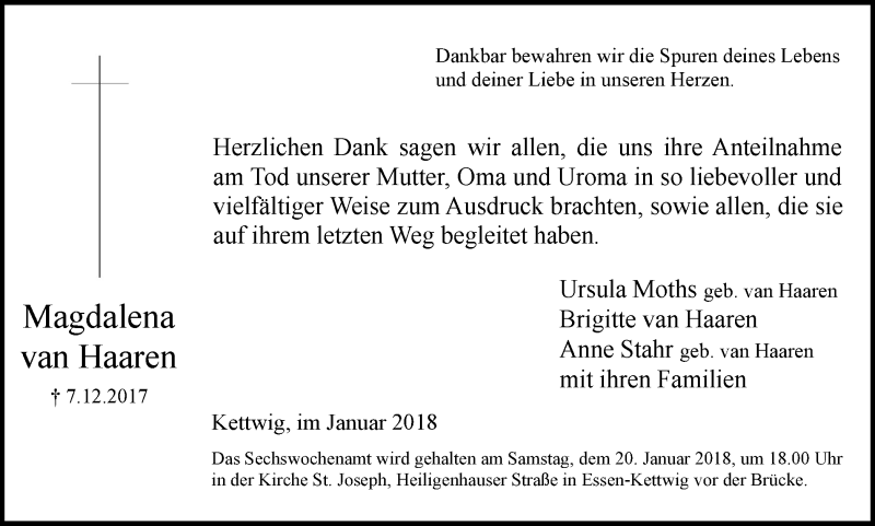 Traueranzeige für Magdalena van Haaren vom 10.01.2018 aus Kettwig Kurier