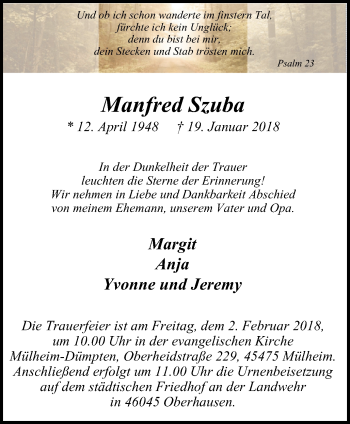 Traueranzeige von Manfred Szuba von Mülheimer Woche